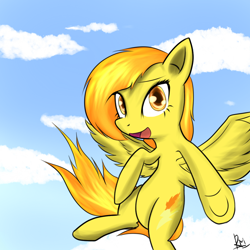 Size: 1000x1000 | Tagged: dead source, safe, artist:reikomuffin, character:spitfire, species:pegasus, species:pony, g4, cloud, female, flying, looking at you, mare, solo