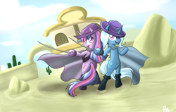 Size: 2301x1467 | Tagged: dead source, safe, artist:reikomuffin, character:trixie, character:twilight sparkle, species:pony, species:unicorn, g4, bipedal, cactus, cape, clothing, costume, desert, duo, female, hat, mare, musketeer, puss in boots, sand, sword, weapon