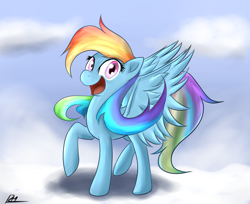 Size: 1704x1392 | Tagged: dead source, safe, artist:reikomuffin, character:rainbow dash, species:pegasus, species:pony, g4, cloud, female, happy, hooves, mare, on a cloud, open mouth, raised hoof, solo, spread wings, standing on a cloud, wings