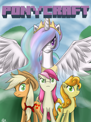 Size: 2479x3300 | Tagged: dead source, safe, artist:reikomuffin, character:applejack, character:carrot top, character:golden harvest, character:princess celestia, character:roseluck, species:alicorn, species:earth pony, species:pony, applejack's hat, bow, clothing, colored pupils, cowboy hat, crossover, crown, female, hair bow, hat, high res, jewelry, mare, minecraft, necklace, ponytail, regalia, spread wings, wings