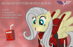 Size: 1400x900 | Tagged: safe, artist:a4r91n, character:flutterbat, character:fluttershy, blood angels, crossover, fangs, female, fluttergasm, funny, hilarious in hindsight, i made a thing, juice box, parody, power armor, powered exoskeleton, purity seal, smiling, solo, space marine, warhammer (game), warhammer 40k