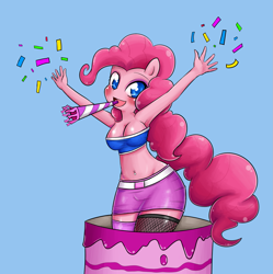 Size: 1273x1280 | Tagged: safe, artist:basketgardevoir, character:pinkie pie, species:anthro, ambiguous facial structure, armpits, belly button, bellyring, breasts, busty pinkie pie, cake, cleavage, clothing, female, midriff, miniskirt, noisemaker, pop out cake, skirt, solo, tube top