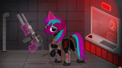 Size: 3200x1800 | Tagged: safe, artist:a4r91n, oc, oc only, oc:starnight, species:pony, species:unicorn, bedroom eyes, brotherhood of nod, clothing, command and conquer, crossover, female, gun, levitation, looking at you, looking back, looking back at you, magic, mare, plot, solo, telekinesis, tiberian sun, uniform