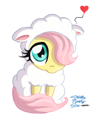 Size: 1280x1666 | Tagged: safe, artist:willisninety-six, character:fluttershy, species:pegasus, species:pony, species:sheep, :i, animal, clothing, costume, cute, female, filly, fluttersheep, hair over one eye, heart, hnnng, looking at you, shyabetes, simple background, sitting, smiling, solo, transparent background, weapons-grade cute