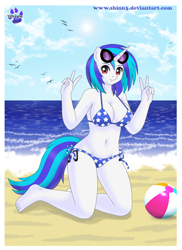 Size: 872x1200 | Tagged: safe, artist:shinn3, character:dj pon-3, character:vinyl scratch, species:anthro, species:plantigrade anthro, barefoot, beach, beach ball, belly button, big breasts, bikini, breasts, busty vinyl scratch, clothing, feet, female, ocean, peace sign, side-tie bikini, solo, swimsuit, wide hips