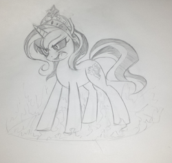 Size: 921x868 | Tagged: safe, artist:xnightmelody, character:sunset shimmer, species:pony, crown, female, fire, open mouth, solo, traditional art