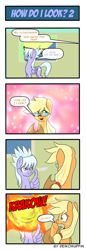 Size: 525x1523 | Tagged: safe, artist:reikomuffin, character:applejack, character:cloudchaser, species:earth pony, species:pegasus, species:pony, comic, decapitation, exploding head, explosion, female, funny, glasses, mare, oh no not again, thumbs up, wing hands