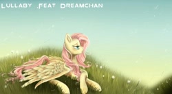Size: 632x347 | Tagged: safe, artist:dream--chan, character:fluttershy, crossed hooves, dandelion, female, grass, lidded eyes, profile, prone, solo, spread wings, title, wings, youtube thumbnail