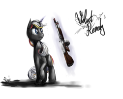 Size: 1280x1024 | Tagged: safe, artist:nemo2d, oc, oc only, oc:velvet remedy, species:pony, species:unicorn, fallout equestria, fanfic, fanfic art, female, glowing horn, gun, horn, magic, mare, shotgun, simple background, solo, telekinesis, weapon, white background