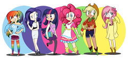 Size: 2184x1024 | Tagged: safe, artist:cosmicponye, character:applejack, character:fluttershy, character:pinkie pie, character:rainbow dash, character:rarity, character:twilight sparkle, apron, bandana, belly button, clothing, converse, denim, dress, earring, front knot midriff, high heels, humanized, leg warmers, line-up, mane six, midriff, off shoulder, pantyhose, pleated skirt, rainbow socks, shoes, shorts, skirt, socks, striped socks, sweater vest, thigh highs, tube skirt