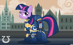 Size: 1440x900 | Tagged: safe, artist:a4r91n, character:twilight sparkle, 42, crossover, female, power armor, powered exoskeleton, purity seal, solo, space marine, ultramarine, wallpaper, warhammer (game), warhammer 40k, your spiritual liege