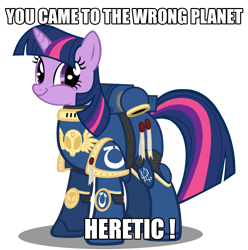 Size: 1000x1008 | Tagged: safe, artist:a4r91n, character:twilight sparkle, species:pony, armor, crossover, female, happy, heresy, i made a thing, image macro, meme, purity seal, smiling, solo, space marine, spess mahreen, twiface, ultramarine, warhammer (game), warhammer 40k, wrong neighborhood