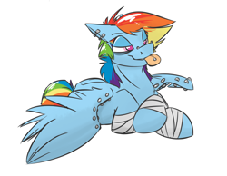 Size: 1000x777 | Tagged: safe, artist:cider, character:rainbow dash, bandage, bedroom eyes, blep, ear piercing, female, floppy ears, fractured loyalty, piercing, prone, smiling, solo, spread wings, tongue out, tongue piercing, wing piercing, wings