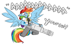 Size: 1280x800 | Tagged: safe, artist:cider, character:rainbow dash, species:anthro, species:pegasus, g4, clothing, crossover, female, fingerless gloves, gloves, gun, mare, no pupils, pants, serious rainbow, serious sam, shirt, simple background, solo, spread wings, text, white background, wings