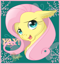 Size: 753x800 | Tagged: safe, artist:unisoleil, character:fluttershy, species:pegasus, species:pony, bust, ear fluff, female, mare, portrait, signature, solo, yay
