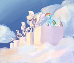 Size: 1280x1088 | Tagged: safe, artist:derkrazykraut, character:rainbow dash, cloud, cloudsdale, cloudy, female, solo, statue