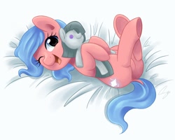 Size: 3000x2400 | Tagged: safe, artist:steffy-beff, character:marble pie, oc, oc only, oc:skye, bed, cute, dock, legs in air, looking at you, on back, open mouth, plushie, smiling, solo, underhoof, wink
