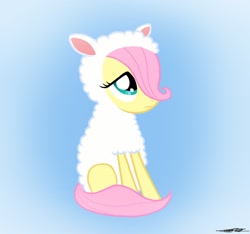 Size: 1510x1413 | Tagged: safe, artist:willisninety-six, character:fluttershy, species:pegasus, species:pony, species:sheep, clothing, costume, female, filly, fluttersheep, foal, gradient background, lamb, photoshop, sitting, solo