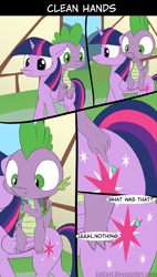 Size: 1600x2823 | Tagged: safe, artist:loceri, character:spike, character:twilight sparkle, character:twilight sparkle (alicorn), species:alicorn, species:pony, episode:slice of life, g4, my little pony: friendship is magic, booger, boogers, comic, dialogue, female, flank, gross, mare, mucus, nose picking, poking, riding, snot, touch, yuck