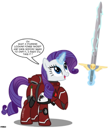 Size: 2400x2800 | Tagged: safe, artist:a4r91n, character:rarity, species:pony, species:unicorn, blood ravens, bloody magpies, crossover, dialogue, female, magic, magic aura, mare, power armor, power sword, powered exoskeleton, psyker, purity seal, simple background, solo, space marine, speech bubble, sword, telekinesis, transparent background, vector, warhammer (game), warhammer 40k