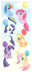 Size: 800x1785 | Tagged: safe, artist:steffy-beff, character:applejack, character:fluttershy, character:pinkie pie, character:rainbow dash, character:rarity, character:twilight sparkle, species:earth pony, species:pegasus, species:pony, species:unicorn, balloon, chibi, cloud, colored pupils, cute, diapinkes, floating, mane six, open mouth, profile, sky, then watch her balloons lift her up to the sky