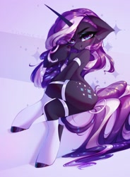 Size: 2192x2972 | Tagged: safe, alternate version, artist:shenki, character:nightmare rarity, character:rarity, species:pony, species:unicorn, g4, blushing, clothing, female, floppy ears, looking at you, mare, sitting, smiling, socks, solo, solo female, thigh highs