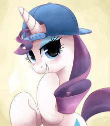 Size: 2100x2400 | Tagged: safe, artist:steffy-beff, character:rarity, species:pony, species:unicorn, backwards ballcap, baseball cap, blushing, cap, clothing, eyeshadow, female, gangsta, grin, hat, hilarious in hindsight, looking at you, makeup, mare, portrait, raised hoof, smiling, snapback, solo
