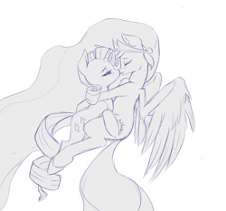 Size: 800x746 | Tagged: safe, artist:jalm, character:princess celestia, character:rarity, ship:rarilestia, bedroom eyes, eyes closed, female, flying, hug, imminent kissing, lesbian, monochrome, shipping, smiling, spread wings, wings