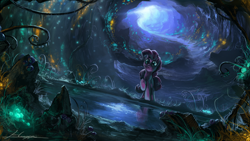 Size: 1920x1080 | Tagged: safe, artist:huussii, character:pinkie pie, species:earth pony, species:pony, episode:too many pinkie pies, g4, my little pony: friendship is magic, cave, cave pool, detailed, everfree, female, glow, mirror pool, scene interpretation, scenery, scenery porn, solo, wallpaper