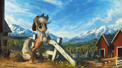 Size: 1920x1080 | Tagged: safe, artist:huussii, character:applejack, species:earth pony, species:pony, barn, bipedal leaning, bucket, clothing, farm, female, fence, grin, hat, hay, leaning, looking at you, looking back, mare, mountain, plot, scenery, scenery porn, smiling, solo, sweet apple acres, wallpaper, well, widescreen