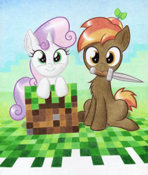 Size: 1280x1510 | Tagged: safe, artist:agamnentzar, character:button mash, character:sweetie belle, chest fluff, crossover, looking at you, minecraft, mouth hold, sword, traditional art, video game