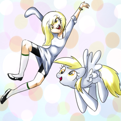 Size: 1024x1024 | Tagged: safe, artist:cosmicponye, character:derpy hooves, species:human, species:pegasus, species:pony, abstract background, bracelet, clothing, cute, female, flying, happy, human ponidox, humanized, jewelry, jumping, mare, open mouth, oversized clothes, oversized shirt, ponidox, shirt, smiling, spread wings, wings