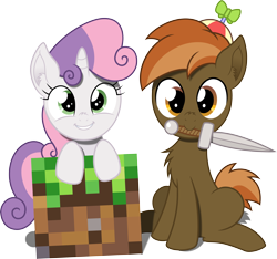 Size: 6422x6000 | Tagged: safe, artist:agamnentzar, artist:mactavish1996, character:button mash, character:sweetie belle, absurd resolution, buttonbetes, chest fluff, crossover, cute, diasweetes, looking at you, minecraft, mouth hold, simple background, sitting, smiling, sword, transparent background, vector