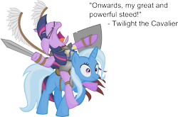 Size: 4867x3216 | Tagged: dead source, safe, artist:jittery-the-dragon, character:trixie, character:twilight sparkle, character:twilight sparkle (unicorn), species:pony, species:unicorn, armor, cavalier, duo, eyes closed, fake wings, fantasy class, female, floppy ears, frown, great and powerful, high res, hussar, knight, mare, open mouth, pathfinder, poland, ponies riding ponies, riding, shield, simple background, sword, text, transparent background, warrior, warrior twilight sparkle, weapon, wide eyes, winged hussar