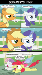Size: 1600x2830 | Tagged: safe, artist:loceri, character:apple bloom, character:applejack, character:rarity, character:sweetie belle, comic:summer's end, episode:slice of life, g4, my little pony: friendship is magic, back to school, comic, dialogue, dragging, magic, pure unfiltered evil, rope, school term, sisters, tail pull, united states