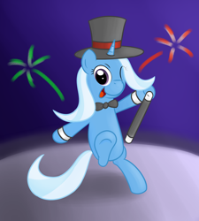 Size: 816x908 | Tagged: safe, artist:hip-indeed, character:trixie, species:pony, bipedal, clothing, female, fireworks, hat, solo, top hat, wand, wink
