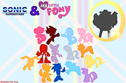 Size: 3752x2496 | Tagged: safe, artist:ikuntyphoon, character:applejack, character:fluttershy, character:pinkie pie, character:rainbow dash, character:rarity, character:trixie, character:twilight sparkle, amy rose, cream the rabbit, crossover, doctor eggman, knuckles the echidna, mane six, miles "tails" prower, pony creator, rouge the bat, shadow the hedgehog, sonic the hedgehog (series), wallpaper