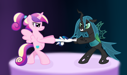 Size: 1024x606 | Tagged: safe, artist:hip-indeed, character:princess cadance, character:queen chrysalis, character:shining armor, species:alicorn, species:changeling, species:pony, changeling queen, cute, cutealis, cutedance, doll, duo, duo female, female, fight, filly, filly queen chrysalis, foal, gradient background, nymph, plushie, teen princess cadance, teenager, toy, younger
