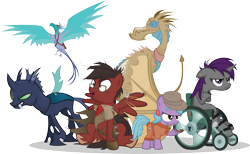 Size: 7919x4868 | Tagged: dead source, safe, artist:jittery-the-dragon, oc, oc only, oc:carinae, oc:cookie crumble, oc:oracle, oc:rhubarb, oc:serenity, oc:sparky scamper, species:dragon, species:phoenix, absurd resolution, clothing, eyepatch, fedora, hat, hoof braces, pipe, simple background, transparent background, wheelchair