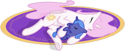 Size: 2652x1080 | Tagged: safe, artist:arvaus, character:princess celestia, character:princess luna, carpet, cuddling, cute, drool, eyes closed, filly, on back, on side, open mouth, pink-mane celestia, simple background, sleeping, smiling, snuggling, transparent background, vector, weapons-grade cute, woona, younger