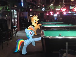 Size: 2048x1536 | Tagged: safe, artist:tokkazutara1164, character:applejack, character:rainbow dash, atm, bar, chair, irl, photo, ponies in real life, pool table, shipping, vector