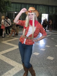 Size: 487x650 | Tagged: safe, artist:burloire, character:applejack, species:human, boots, clothing, cosplay, fanimecon, irl, irl human, jeans, photo