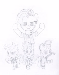 Size: 2000x2560 | Tagged: safe, artist:agamnentzar, character:apple bloom, character:babs seed, character:scootaloo, character:sweetie belle, species:pegasus, species:pony, calhoun, clothing, cosplay, cutie mark crusaders, fix-it felix jr., hammer, monochrome, sweater, vanellope von schweetz, wreck-it ralph