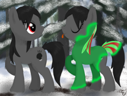 Size: 1032x774 | Tagged: safe, artist:equinepalette, oc, oc only, oc:dark light, oc:sony, blep, couple, eyes closed, fluffy, frown, looking back, mutant, raised hoof, smiling, snow, tongue out, transformation, unamused