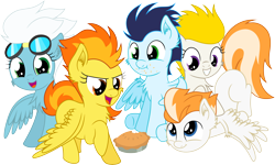 Size: 15026x9000 | Tagged: safe, artist:agamnentzar, artist:mactavish1996, character:fire streak, character:fleetfoot, character:soarin', character:spitfire, character:surprise, species:pegasus, species:pony, .svg available, absurd resolution, aviator glasses, chest fluff, colt, cute, filly, male, pie, simple background, sitting, smiling, transparent background, vector, wonderbolts
