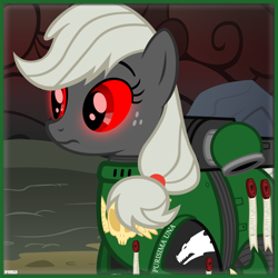 Size: 1000x1000 | Tagged: safe, artist:a4r91n, character:applejack, species:earth pony, species:pony, armor, colored sclera, crossover, female, glowing eyes, icon, mare, power armor, powered exoskeleton, purity seal, red eyes, red sclera, salamanders, solo, space marine, vector, warhammer (game), warhammer 40k