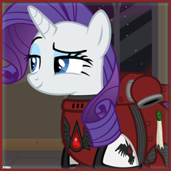 Size: 1000x1000 | Tagged: safe, artist:a4r91n, character:rarity, species:pony, species:unicorn, armor, blood ravens, bloody magpies, crossover, female, icon, mare, power armor, powered exoskeleton, purity seal, raised eyebrow, smug, smugity, solo, space marine, vector, warhammer (game), warhammer 40k