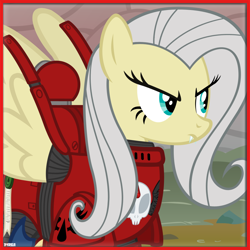 Size: 1000x1000 | Tagged: safe, artist:a4r91n, character:flutterbat, character:fluttershy, species:pegasus, species:pony, angry, armor, blood angels, crossover, fangs, female, flutterrage, frown, glare, hilarious in hindsight, icon, mare, power armor, powered exoskeleton, purity seal, solo, space marine, spread wings, vector, warhammer (game), warhammer 40k, wings