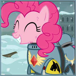 Size: 1000x1000 | Tagged: safe, artist:a4r91n, character:pinkie pie, species:earth pony, species:pony, armor, crossover, eyes closed, fangs, female, fluffy, grin, happy, icon, mare, power armor, powered exoskeleton, purity seal, smiling, solo, space marine, space wolves, vector, warhammer (game), warhammer 40k