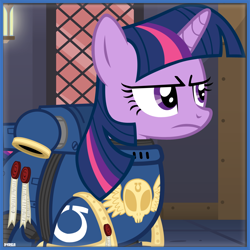 Size: 1000x1000 | Tagged: safe, artist:a4r91n, character:twilight sparkle, character:twilight sparkle (unicorn), species:pony, species:unicorn, annoyed, armor, crossover, female, icon, mare, power armor, powered exoskeleton, purity seal, solo, space marine, ultramarine, unamused, vector, warhammer (game), warhammer 40k, your spiritual liege